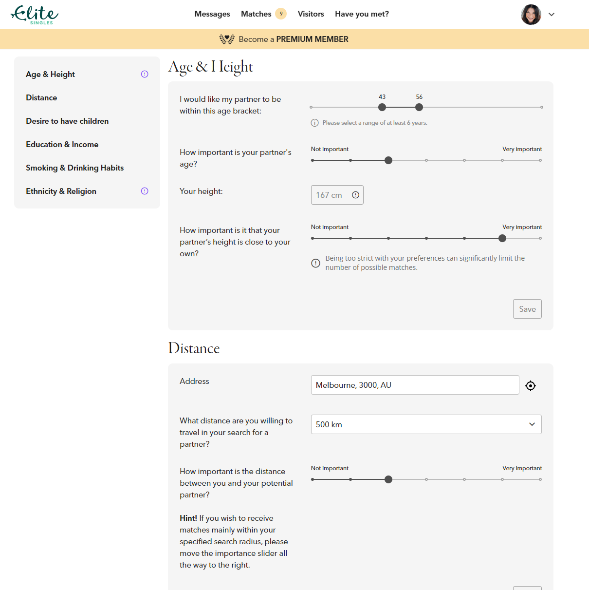 EliteSingles Filter criteria